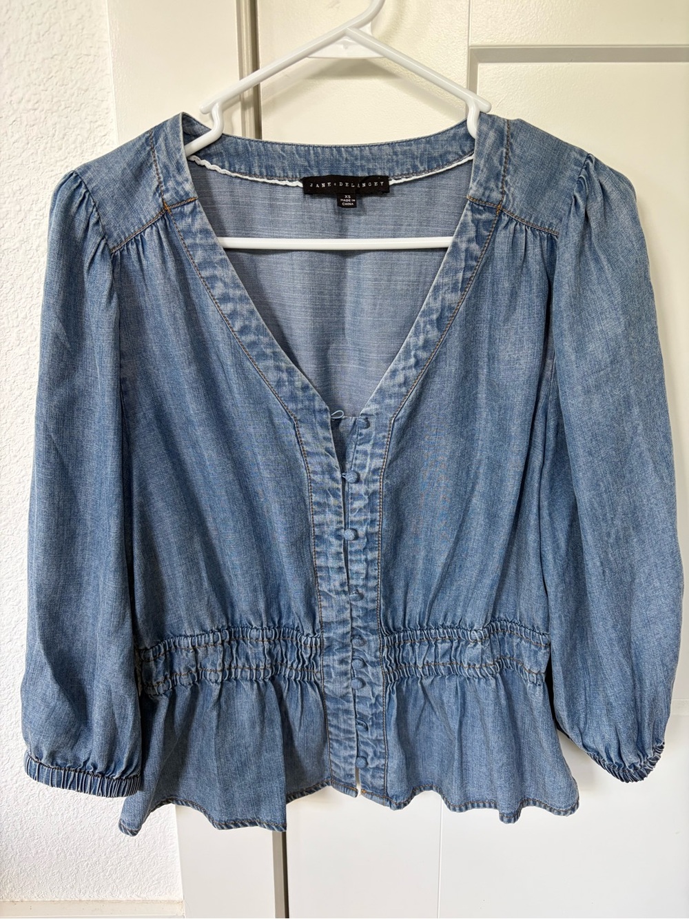 Frank & Eileen Medium Blue Denim V-Neck Peplum Blouse